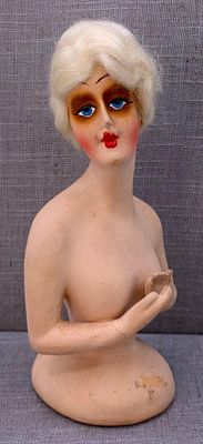 Large Antique 1920s Germany Platinum Blonde Blushing Beauty Boudoir Papier Mache Half Doll. Large 