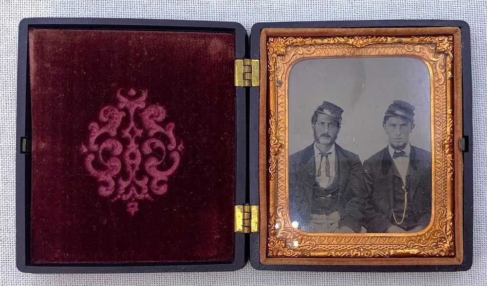 Lot 207: September 1862 Civil War Double Soldier Tin Type Photograph in Guttapercha Stag Hunt Union Case