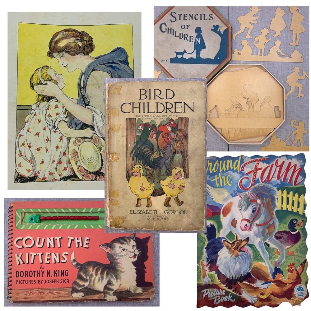 Lot 213: 11 pc Antique to Vintage Children's Reading Books, Painting Art Books and Box of Stencils