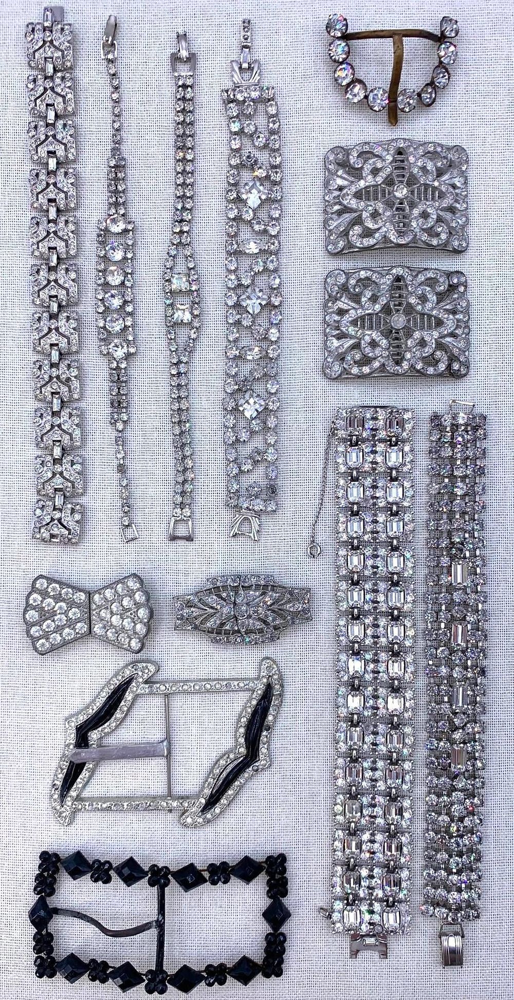 Lot 215: 15 pc Glittering Antique to Vintage Millinery, Garment, Buckles and Mid Century Bracelet Collection