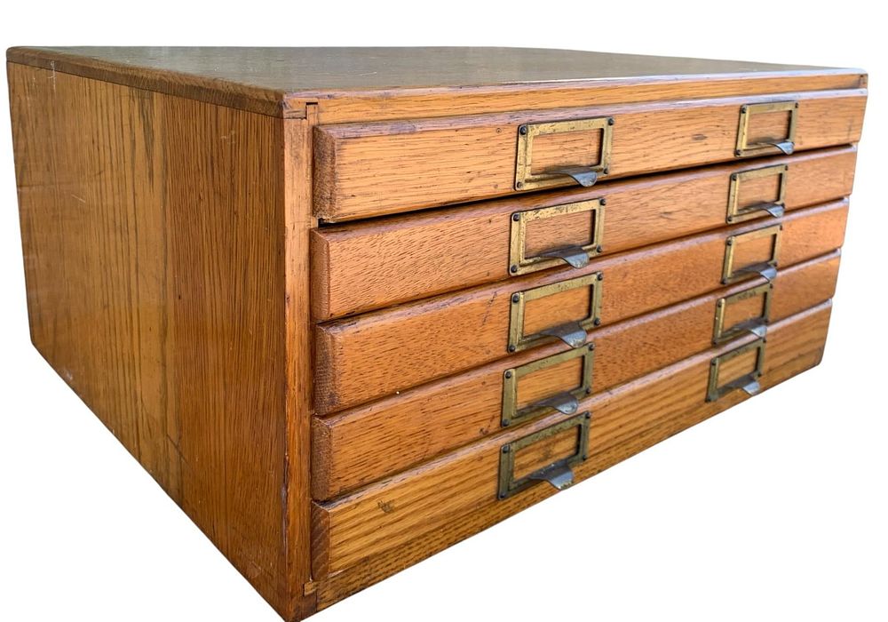 Lot 216: Antique WEIS Oak Wood Slim 5 Drawer Document Storage Cabinet with Label Holder Drawer Pulls