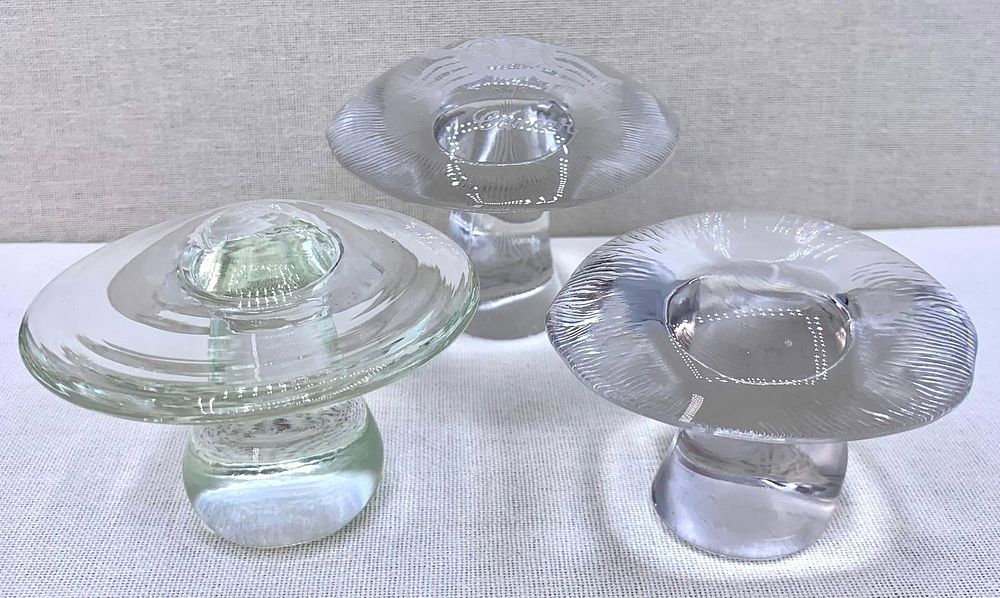 Lot 217: 2 Mid Century Viking Clear Art Glass Magical Mushroom Sculptures and Vintage Artisan Made Mushroom