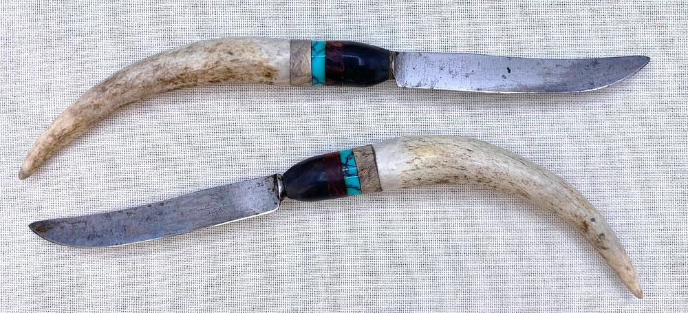 Lot 219: Pair of Quality Made Custom Antler Handle F HERDER Fixed Blade Huntsman Knives