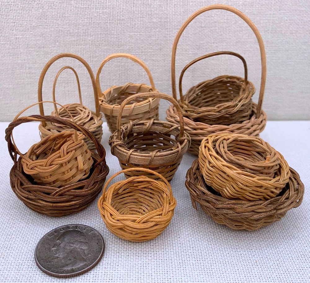 Lot 223: 12 Miniature Vintage Folk Art Hand Woven Petite Gathering, Market, Storage Baskets