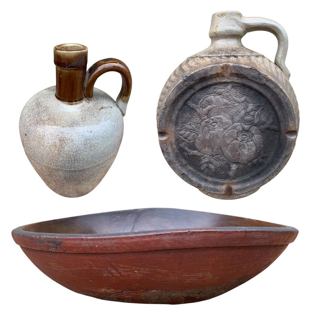 Lot 224: 3 pc Antique Primitive Farmhouse Barn Red Wood Dough Bowl and Early Stoneware Jugs
