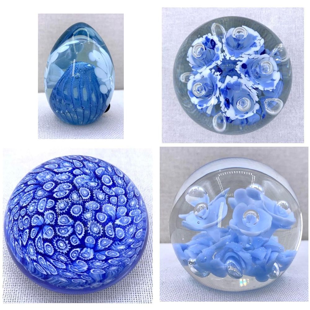 Lot 226: 4 Sky Blue Vintage Studio Art Glass Paperweights: Maude and Bob, Gentile, Mt. St. Helens Ash Glass