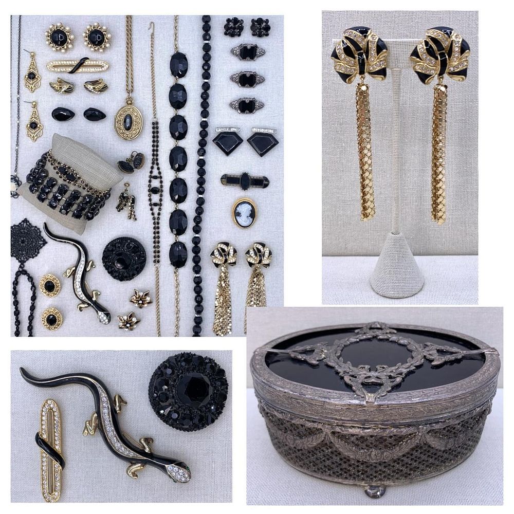 Lot 227: Mystical Black 38 pc Antique to Vintage Whiting and Davis Jewelry Collection in Apollo Jewel Casket
