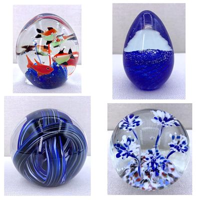 4 Cobalt Blue Vintage Studio Art Glass Paperweights: Gentile, Aquarium, Artist Signed. * Large 3 