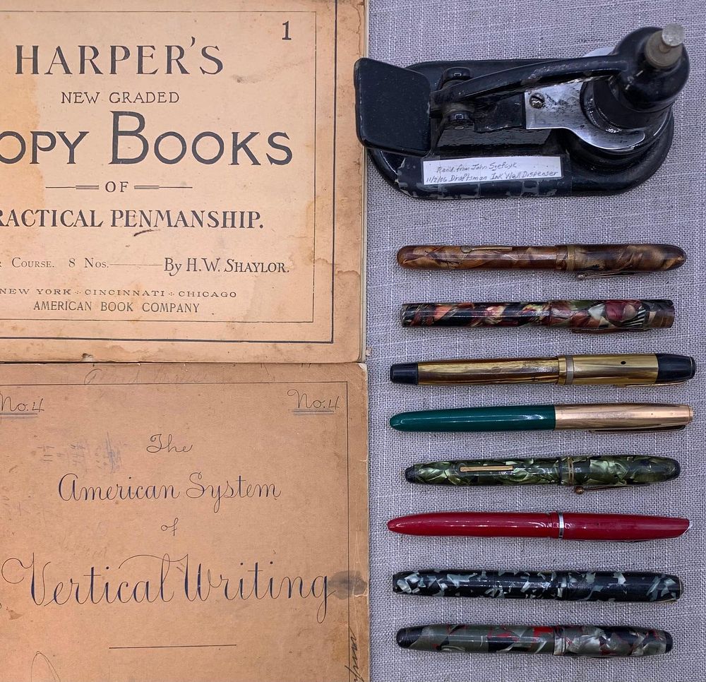 Lot 233: 1887, 1894 Writing Books, Antique Draftsman's Inkwell and Fountain Pen Writing Instrument Collection