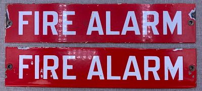 2 Vintage Red and White Porcelain 12 inch Fire Alarm Signs. 12" x 2 1/2", porcelain over metal 