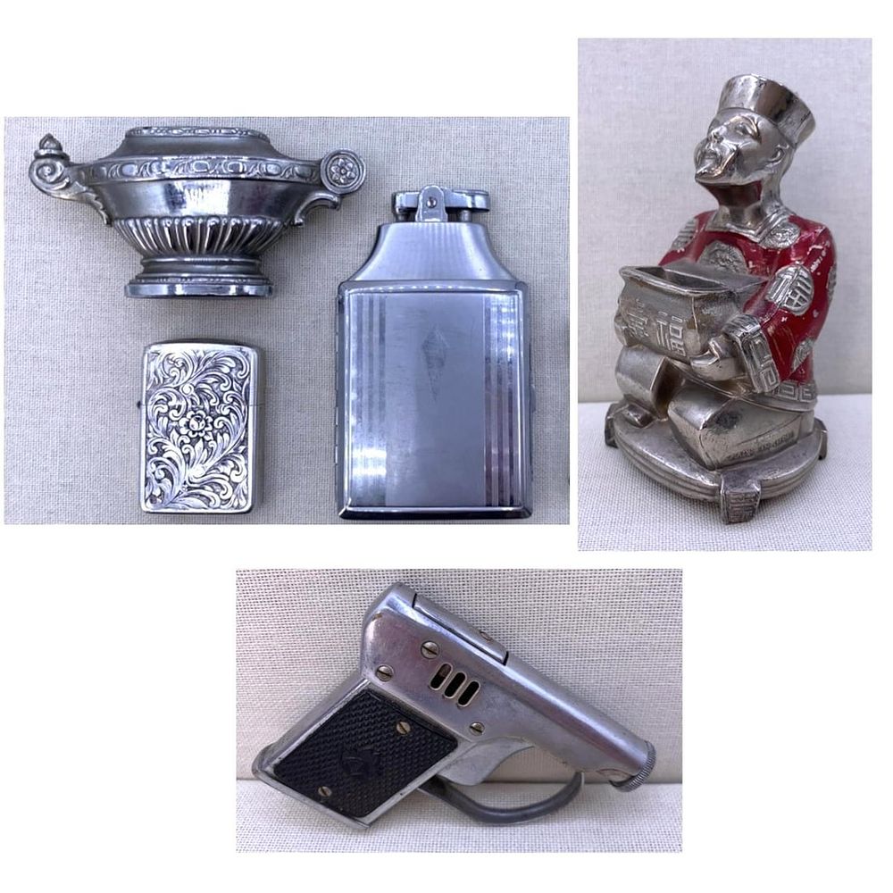 Lot 242: 5 Vintage Cigarette Lighters, Lighter Holders, Ronson Lighter/Cig Case Collection