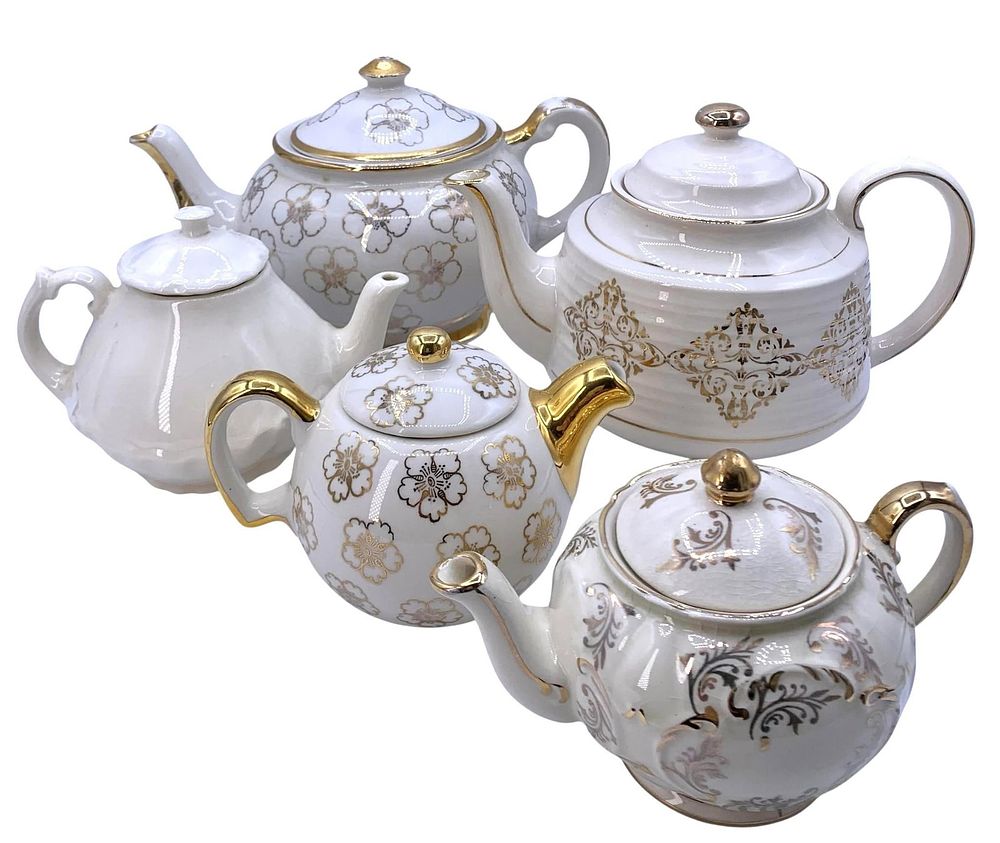 Lot 243: 5 Vintage Sadler England, Kingwood China USA, Gilded Cream Teapots