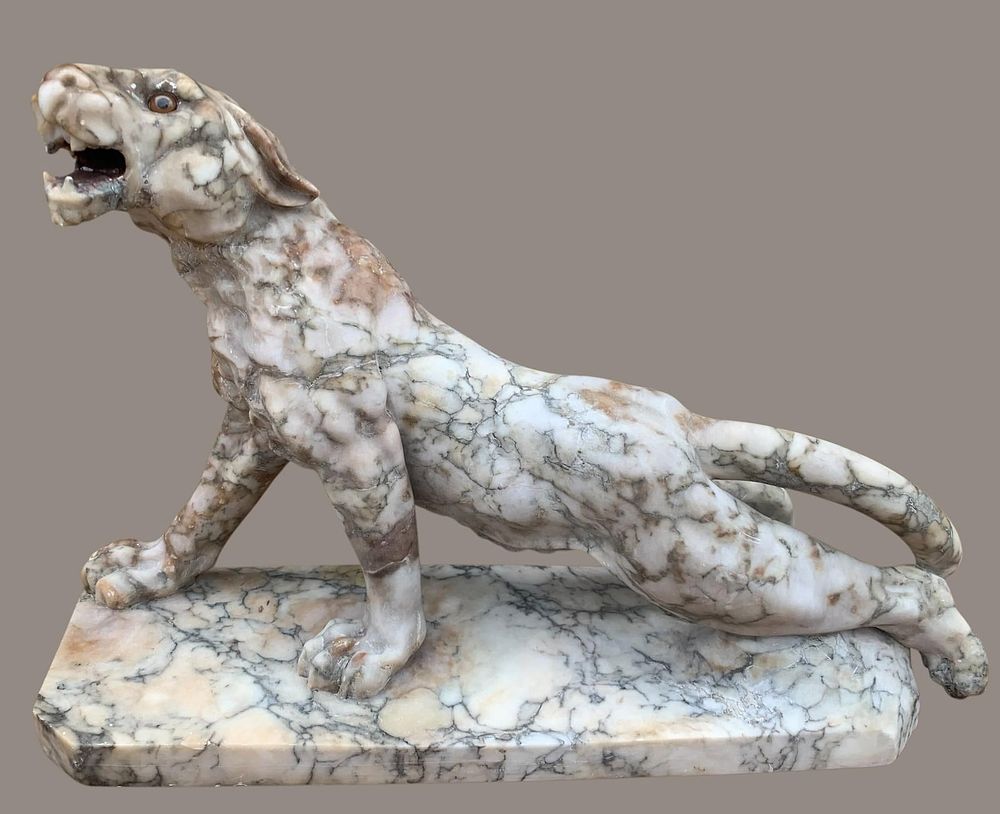Lot 248: Striking Antique Carved Italian Marble Roaring Panther, Large Big Cat, Sculpture