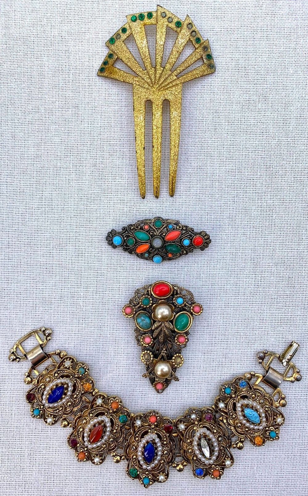 Lot 251: Opulent 4 pc Victorian Revival Art Deco to Mid Century Jewelry and Celluloid Hair Comb Lot