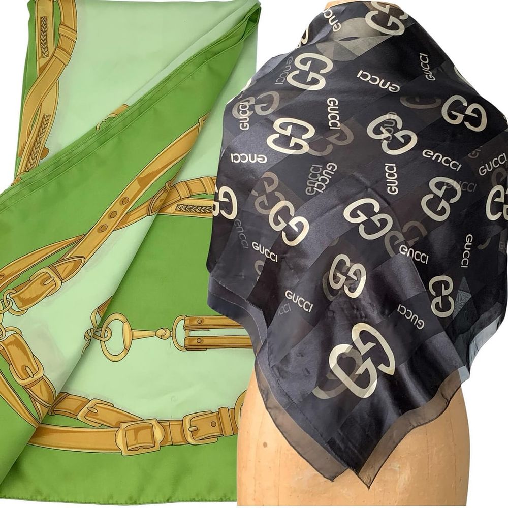 Lot 254: Large 72 x 42 Vintage GUCCI and 34 x 34 Lime Silk Equestrian Harness Scarf