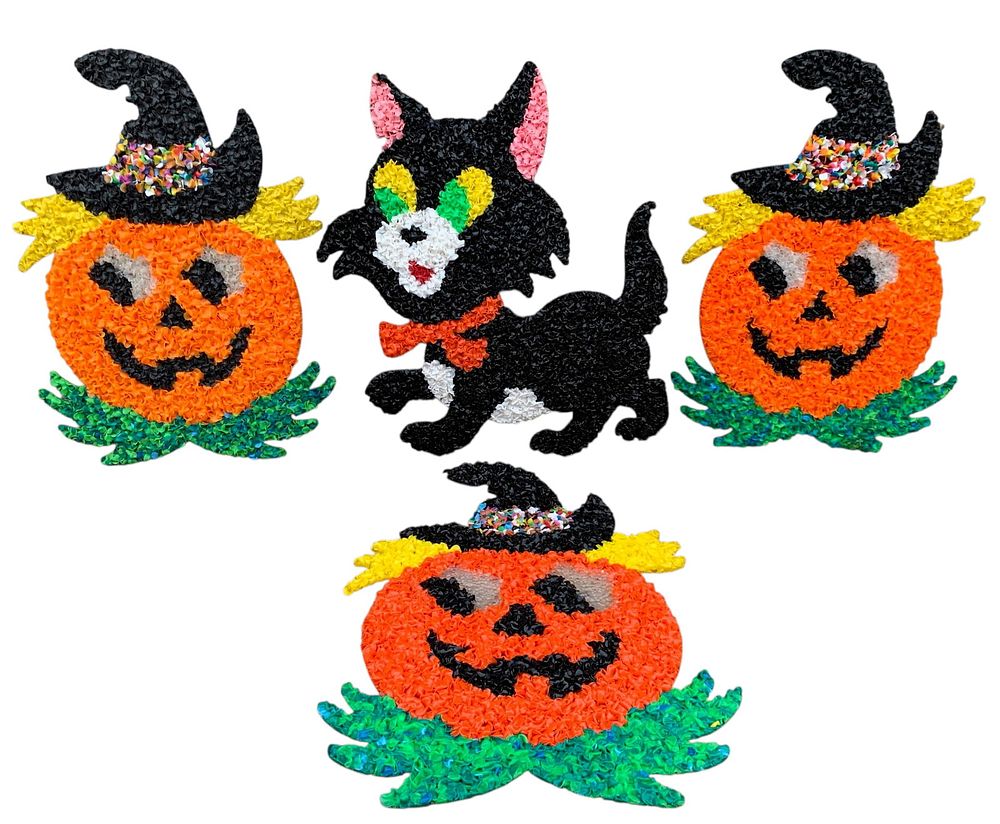 Lot 260: 4 Vintage Black Cat and Jack-o-lantern Melted Plastic Disc Halloween Wall, Window, Decorations