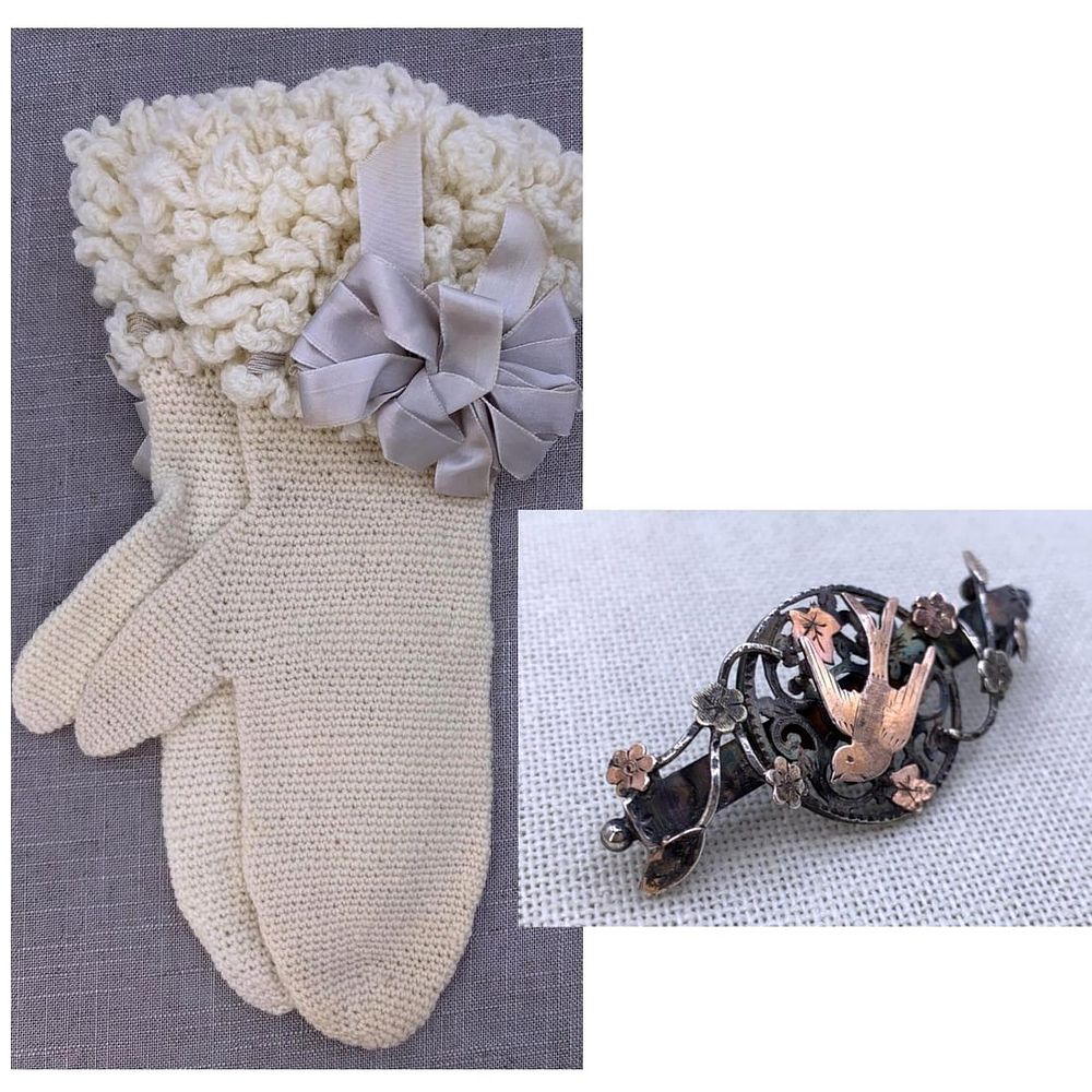 Lot 263: Antique Hand Knit Cream Wool Ladies Mittens, Early English Sterling Swallow Bird Sweetheart Brooch