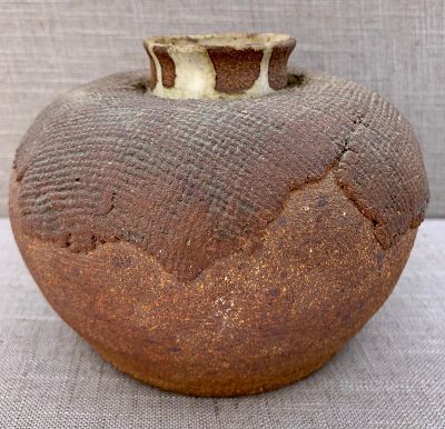 Outstanding Vintage Artist Created Wabi-Sabi Fabric Textured Stoneware Vase with Glazed Interior. 