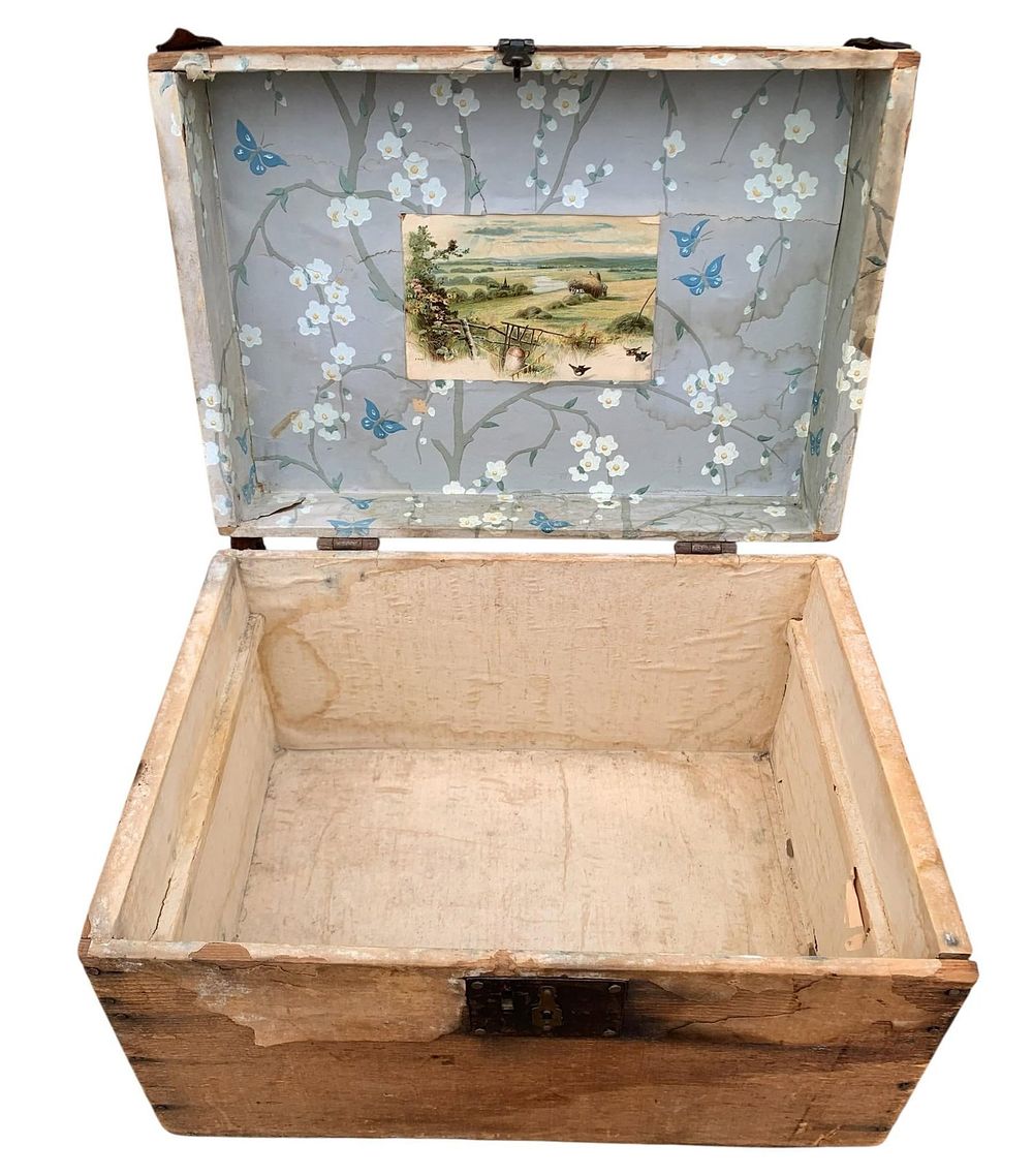 Lot 269: Small Antique Victorian era Butterfly Wallpaper Lined Lidded Wood Travel Trunk