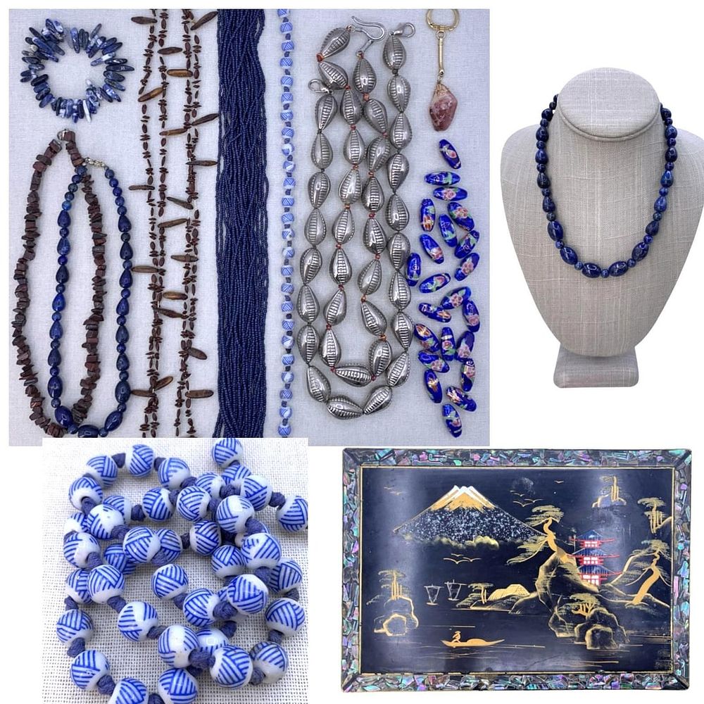Lot 274: Exotic 31 pc Lapis, Chinese Porcelain, Red Tigers Eye, Sodalite, Dried Seed Jewelry in Lacquer Chest