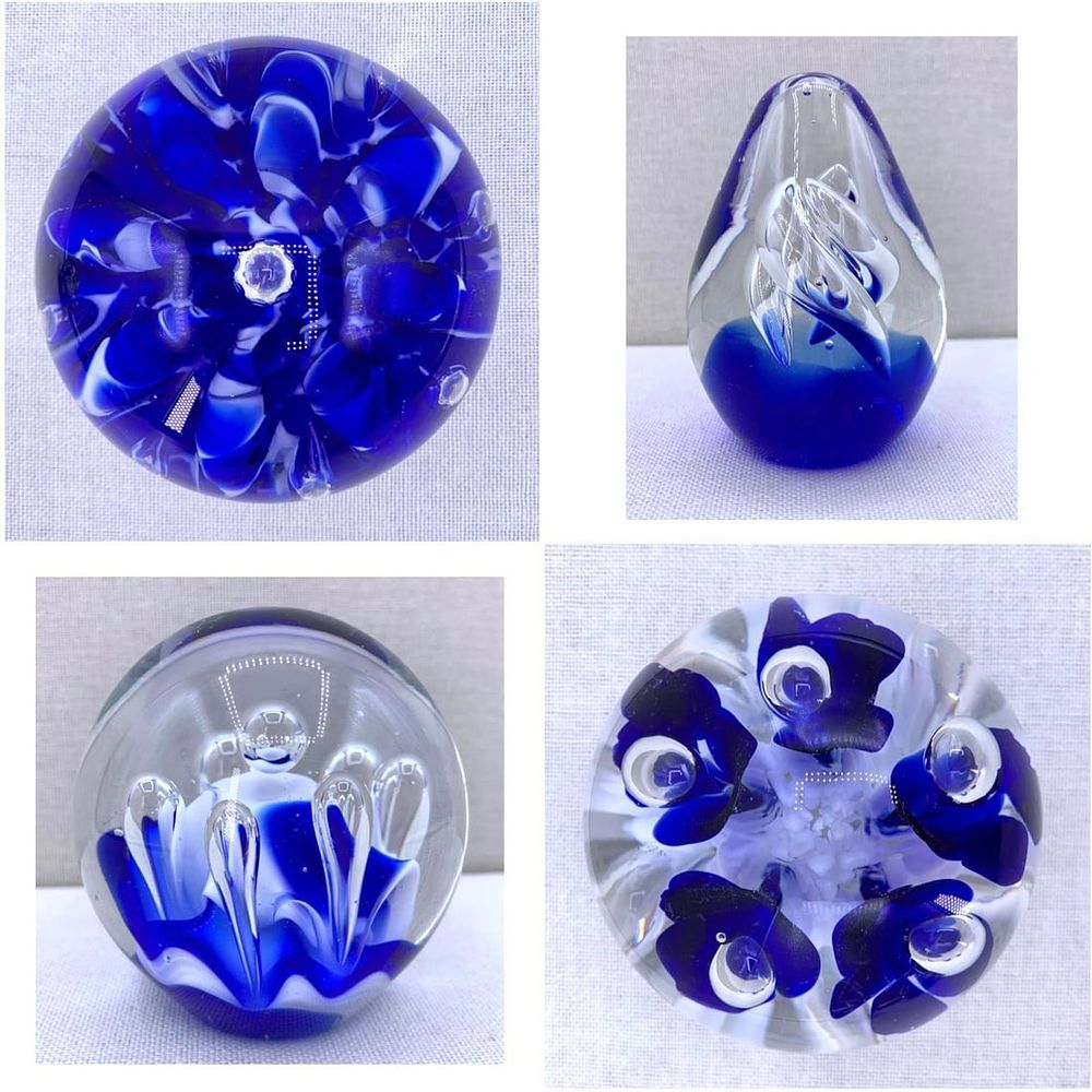 Lot 278: 4 Cobalt Blue, White and Clear Vintage Studio Art Glass Paperweights: Gibson, Maude and Bob, Seapoot