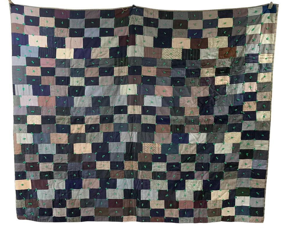 Lot 281: Vintage Winter Weight Suit Wool Brick Patchwork Farmhouse Bedspread, Hand Tied Padded Cabin Quilt