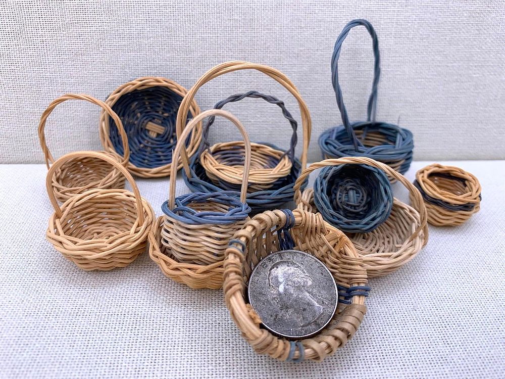 Lot 282: 12 Miniature Vintage Folk Art Hand Woven Petite Gathering, Market, Potato, Storage Baskets