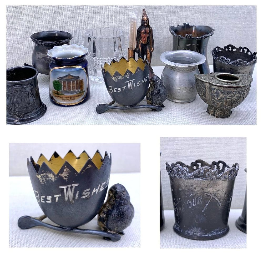 Lot 283: 10 pc Antique to Vintage Traveling Tourist Souvenir, Trinket Cups, Table Service Toothpick Holders
