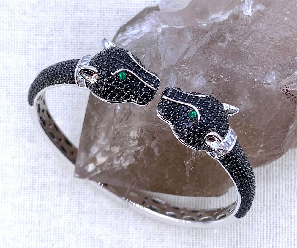 Lot 284: Striking Pave Midnight Black CZ Double Headed Green Eyed Hinged Bangle Panther Big Cat Bracelet