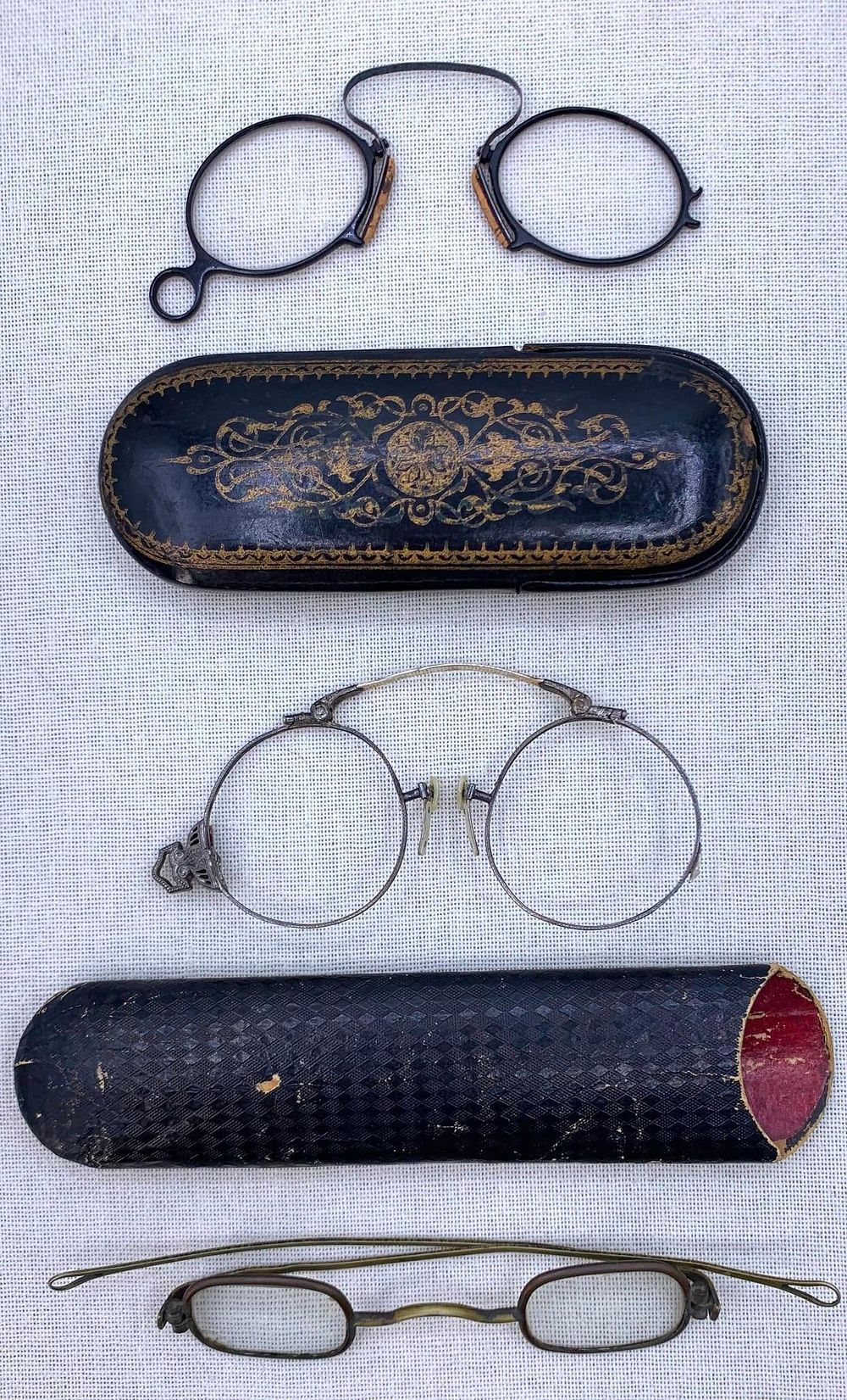 Lot 285: Victorian Era Brass Spectacles, 14k Gold Embossed and Japanned Pince Nez with 2 Eyeglass Cases