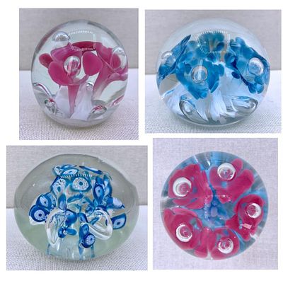 4 Sky Blue and Pink Vintage Studio Art Glass Paperweights: Morleans Japan, Maude and Bob, Gibson. 