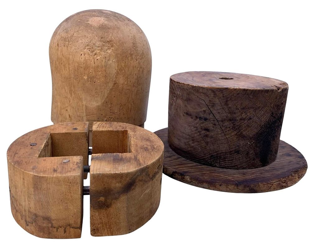Lot 291: 3 pc Antique to Vintage Millinery, Hat Factory, Wooden Top Hat, Grand Chapeaux, Blocks and Stretcher