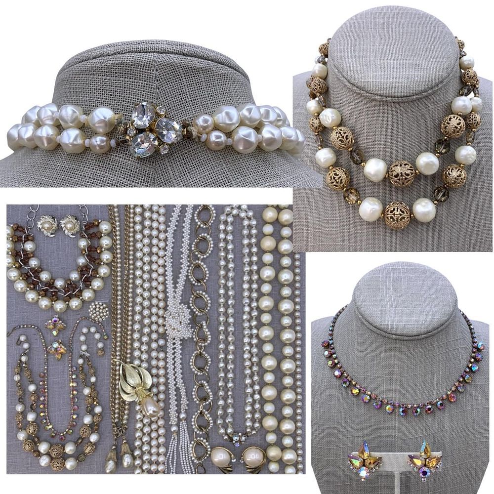 Lot 295: Luxe 19 pc Vintage Faux Pearl and Spiced Aurora Borealis Jewelry Collection