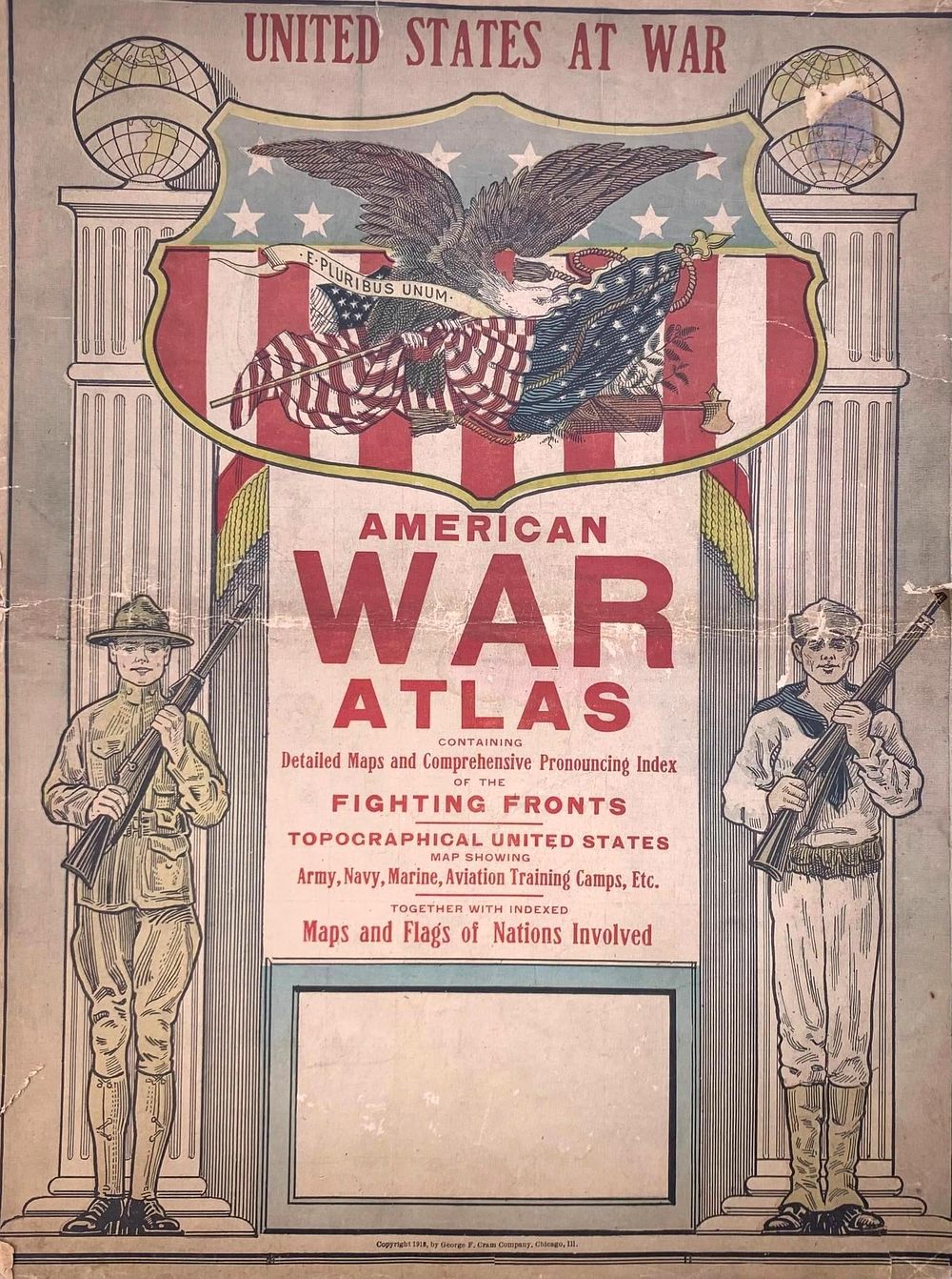 Lot 298: Large 1918 United States at War Antique American War Atlas Map Booklet by George F. Cram Company