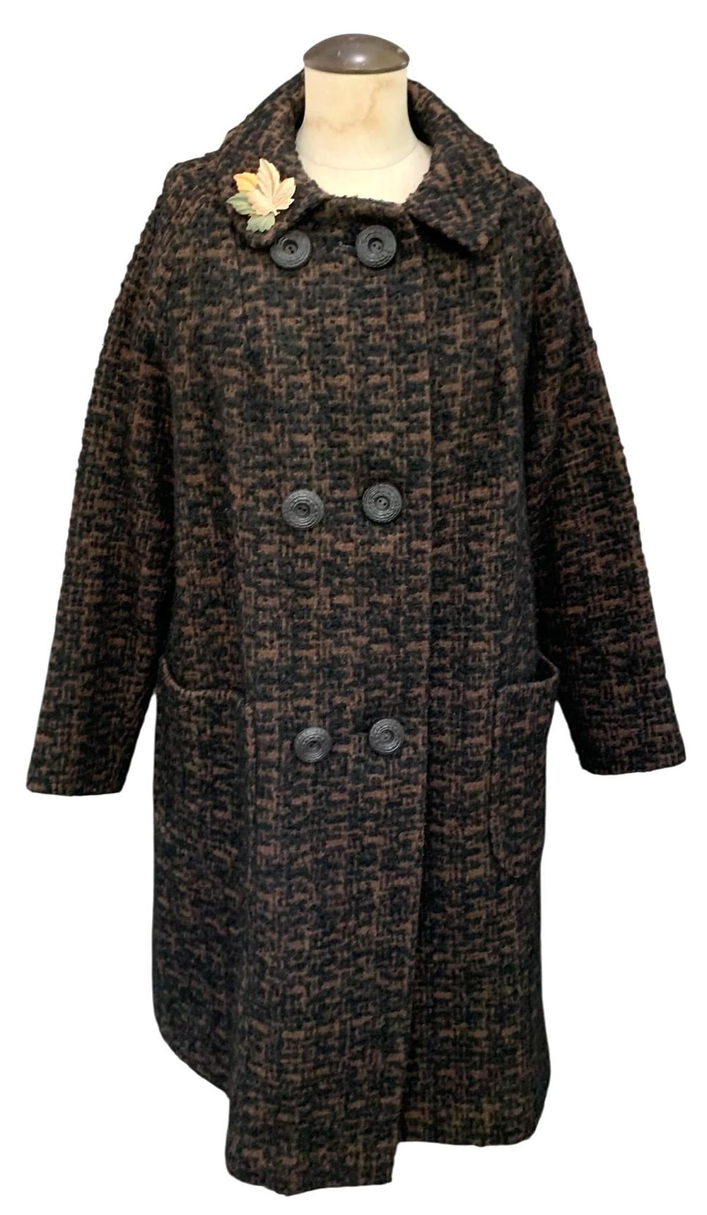 Lot 307: Fab 1960s Ladies A Line Cocoa and Black Wool Boucle Winter Coat
