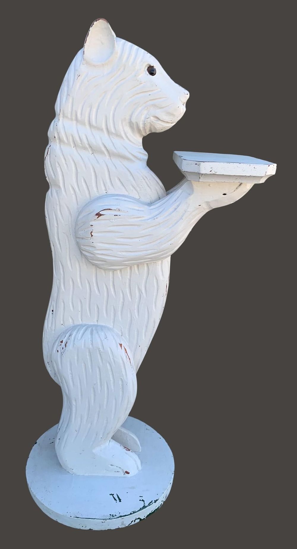 Lot 308: Large 33 inch Tall White Washed Carved Wood Bear Stand