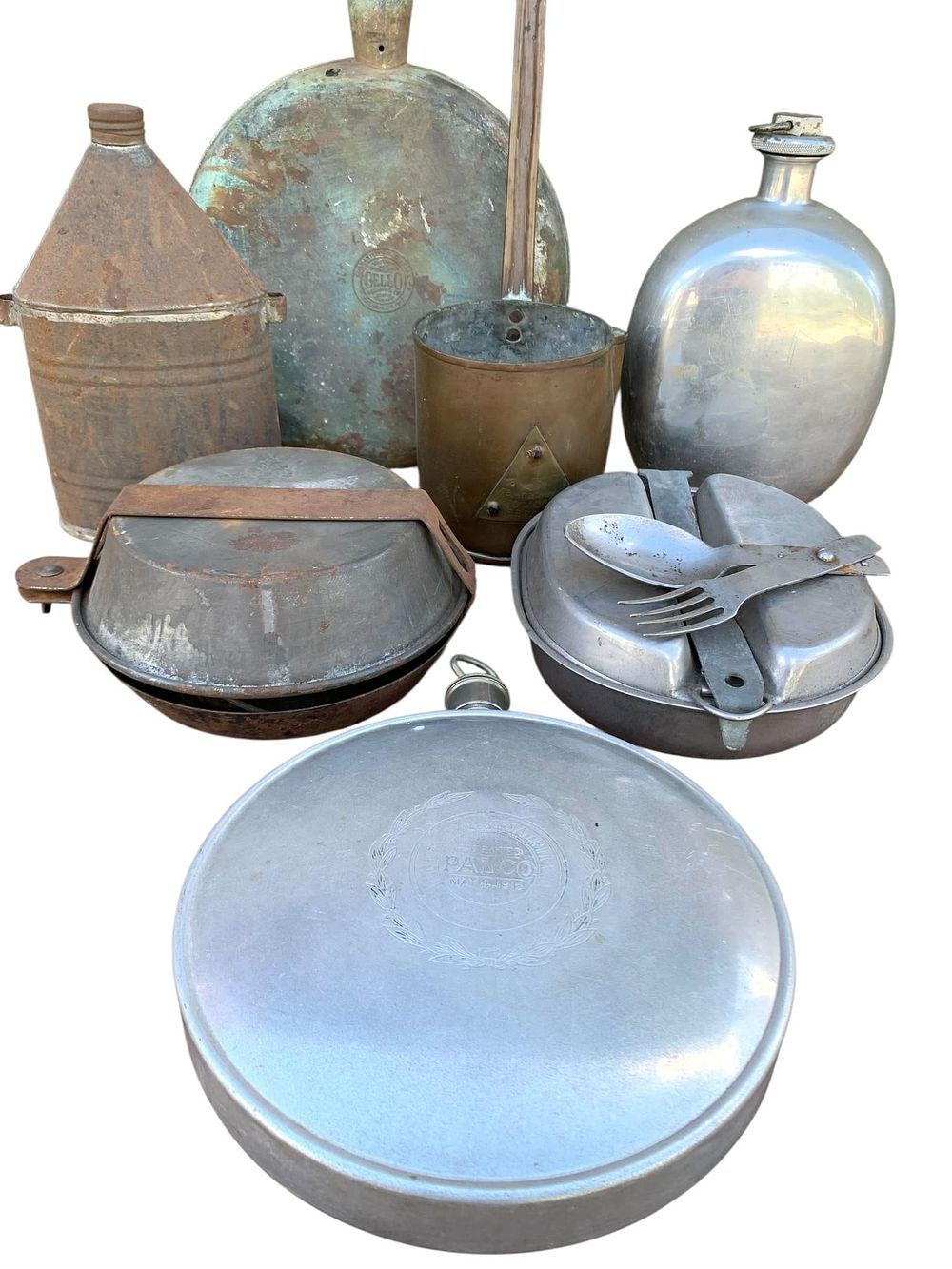 Lot 332: 8 Antique to Vintage Water Canteens, Military Mess Kit, Camping Cook Pots, Primitive Water Ladle