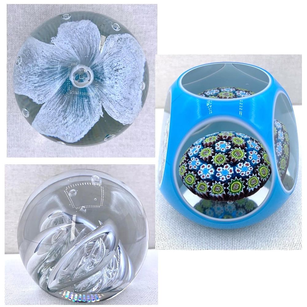 Lot 333: 3 Aquamarine Vintage Studio Art Glass Paperweights: Cased Millefiori, Controlled Swirl, Floral