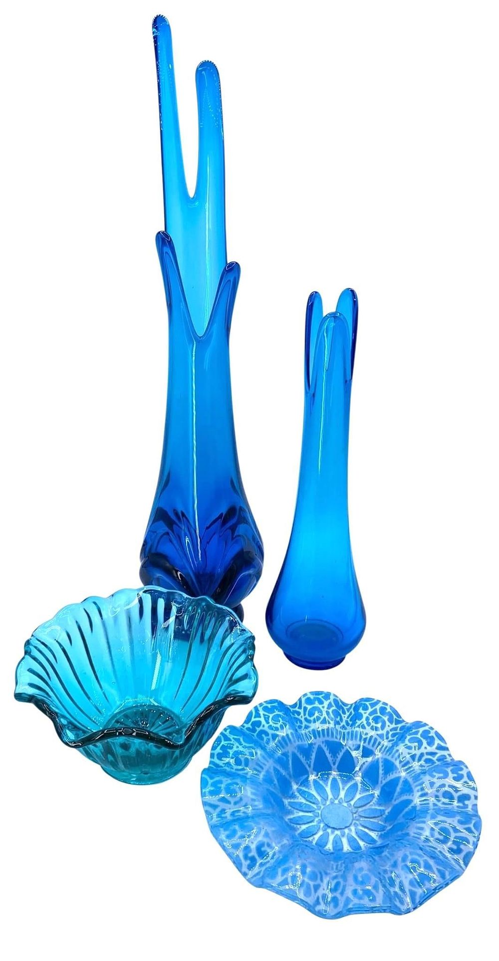 Lot 336: 4 pc Vintage Mid Century L E Smith Swung Peacock Blue Vases, Turquoise & Fused Art Glass Bowls