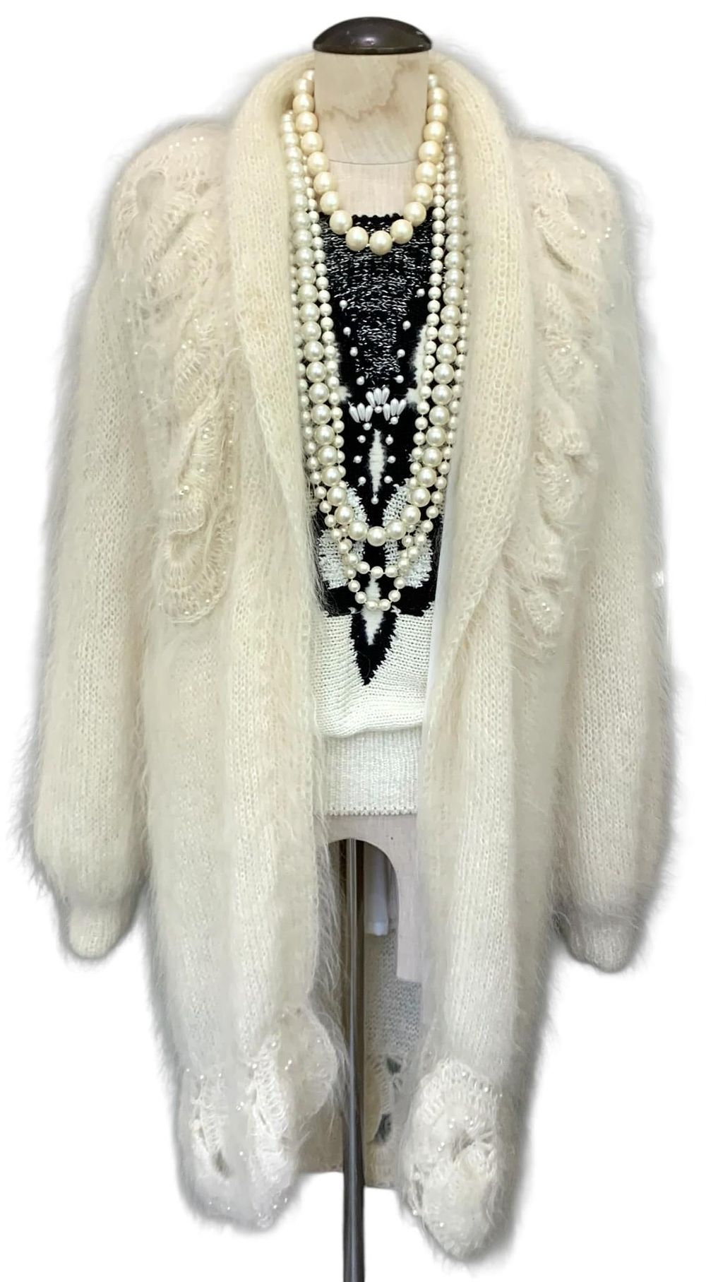 Lot 337: Luxurious Vintage Pearl Studded Cream Mohair Evening Jacket, Dolman Sweater & Faux Pearl Necklaces