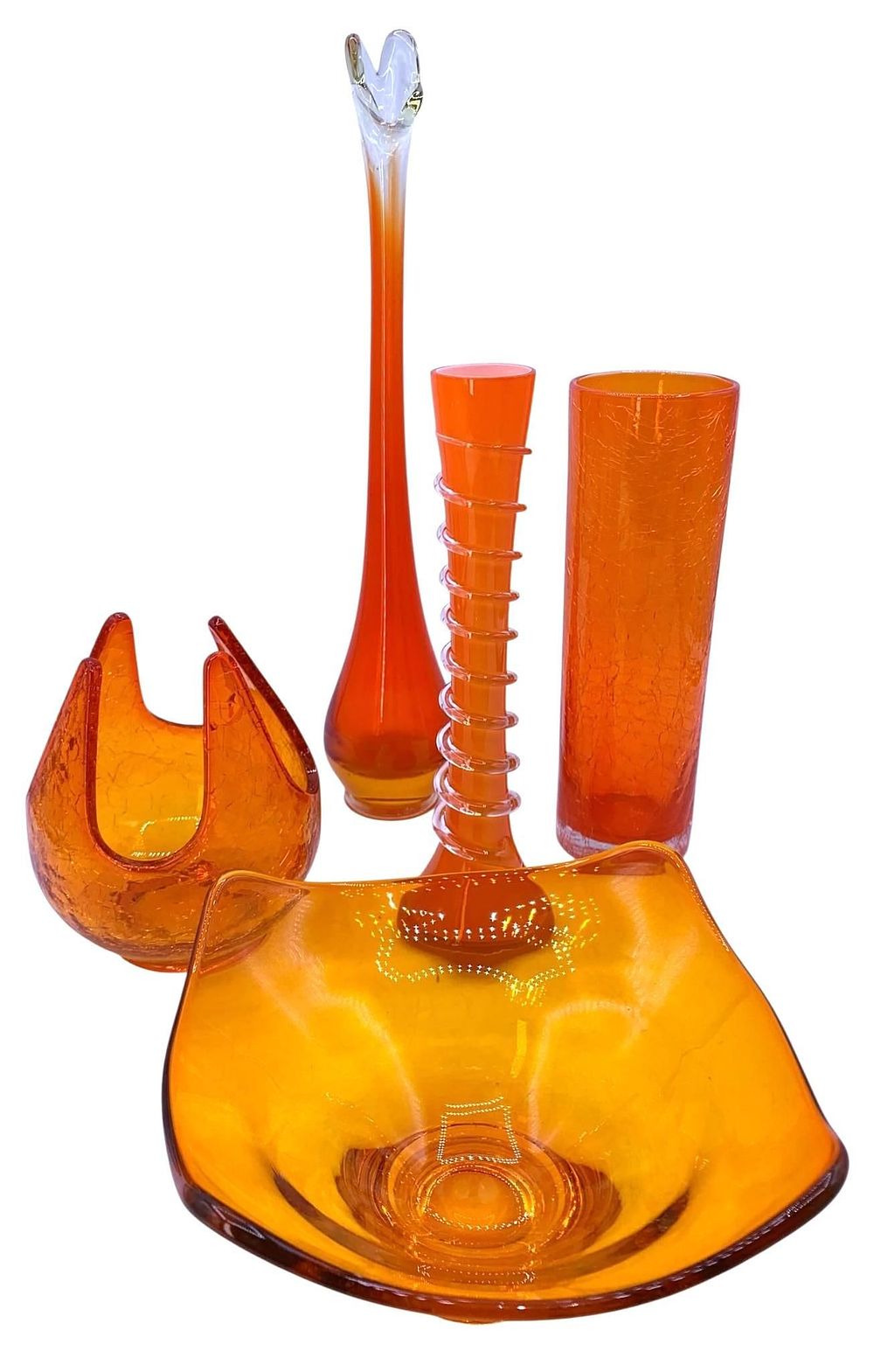Lot 342: 5 Vibrant Mid Century Swung Amberina, Persimmon, Crackle Vintage Art Glass