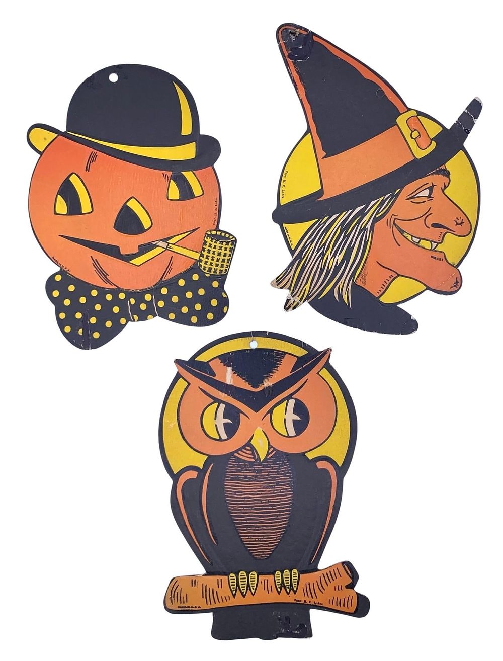 Lot 344: Trio Vintage H E Luhrs Die Cut Owl, Jack-o-lantern and Witch Paperboard Halloween Decorations