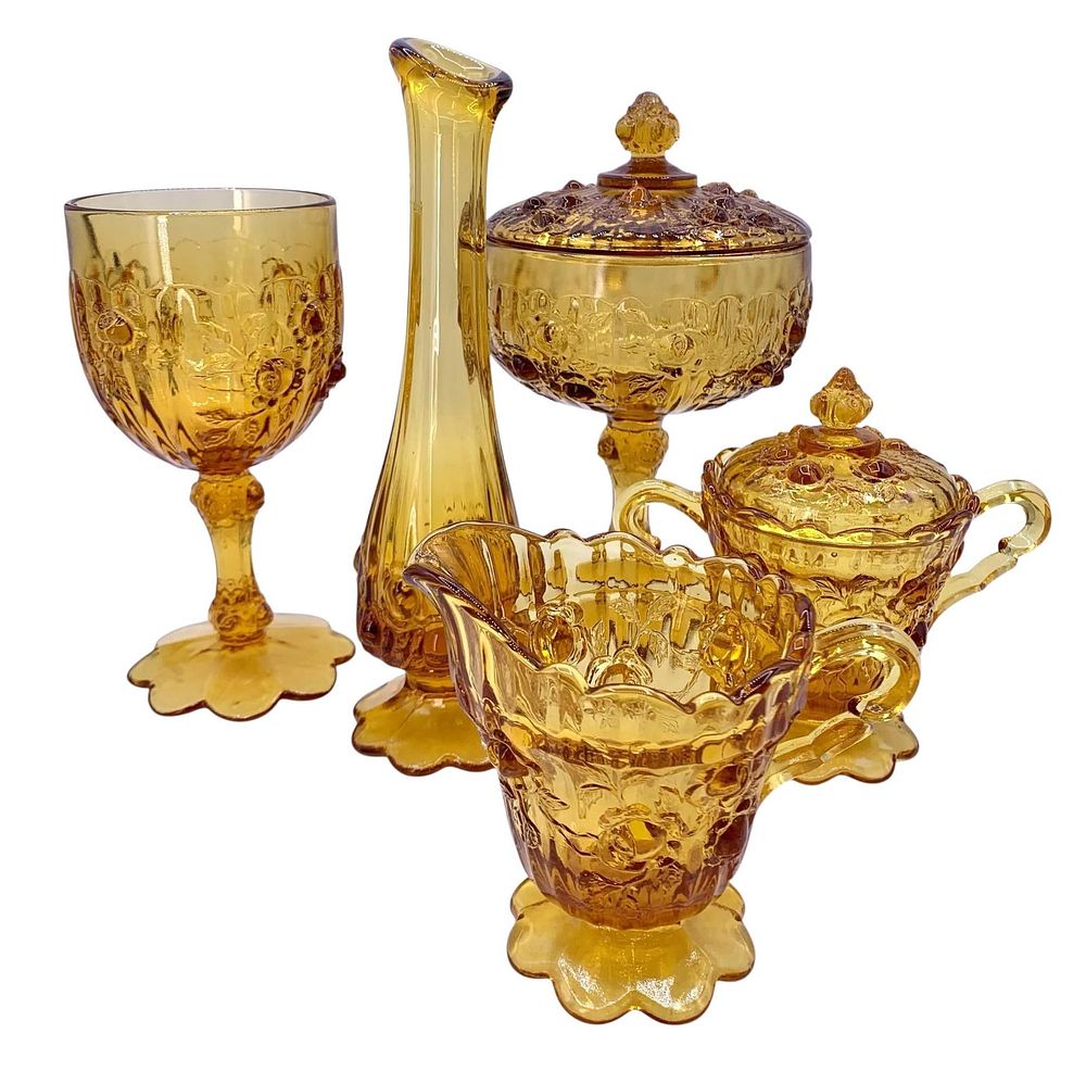 Lot 346: 7 pc Vintage Amber Fenton Cabbage Rose Lidded Compote, Bud Vase, Cream/Sugar, Goblet Collection