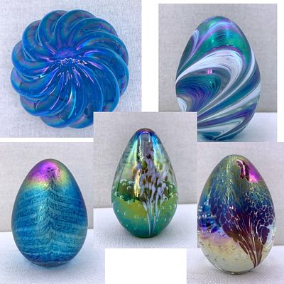 5 Vintage Iridescent Artist Signed Studio Art Glass Paperweights. * 3" conical MSH signed 