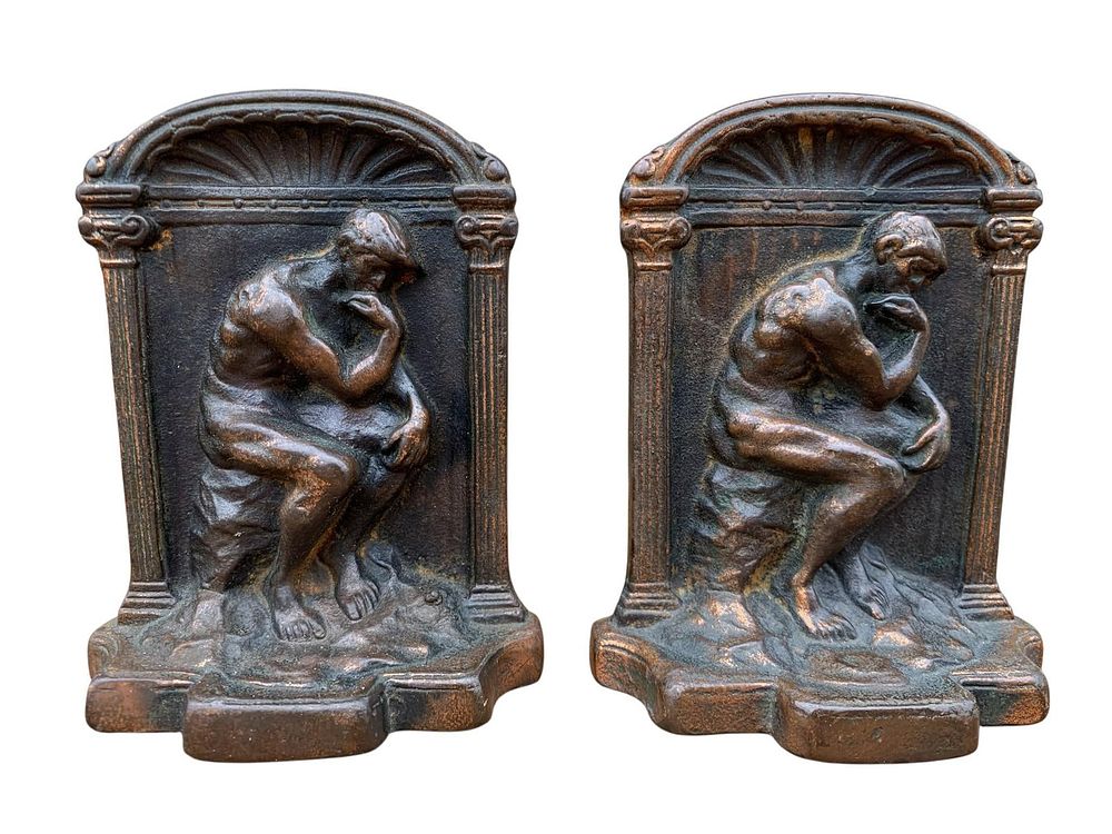 Lot 351: 3 PAIR Antique Cast Iron Ivy Leaf and Vine, Sailing Ship and Thinking Man Library Book Ends