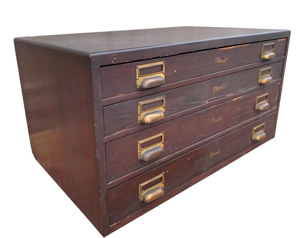 Lot 353: Vintage BUSCH Optician, Jeweler, Watchmaker Wood 4 Drawer Storage Cabinet