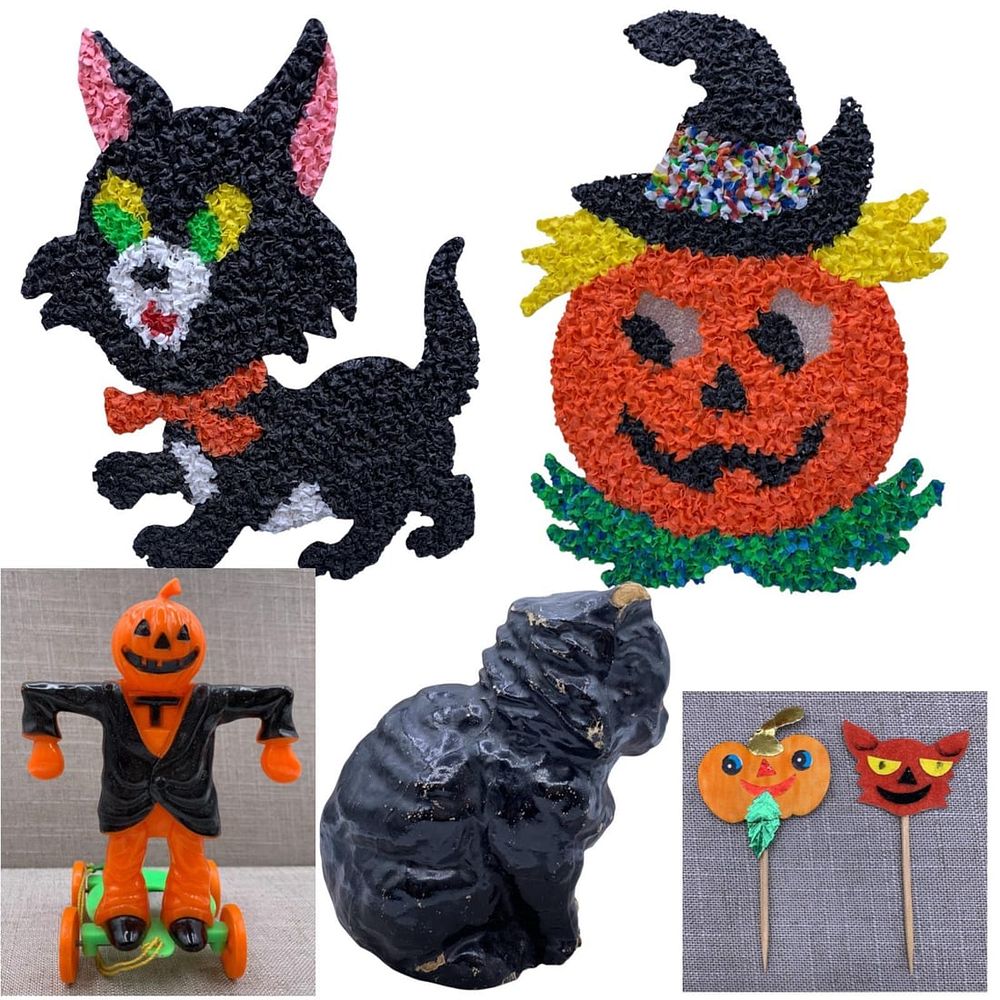 Lot 354: 7 pc Vintage Halloween Black Cat and Jack-o-Lantern Candy Containers, Tin Horn, Decoration Lot