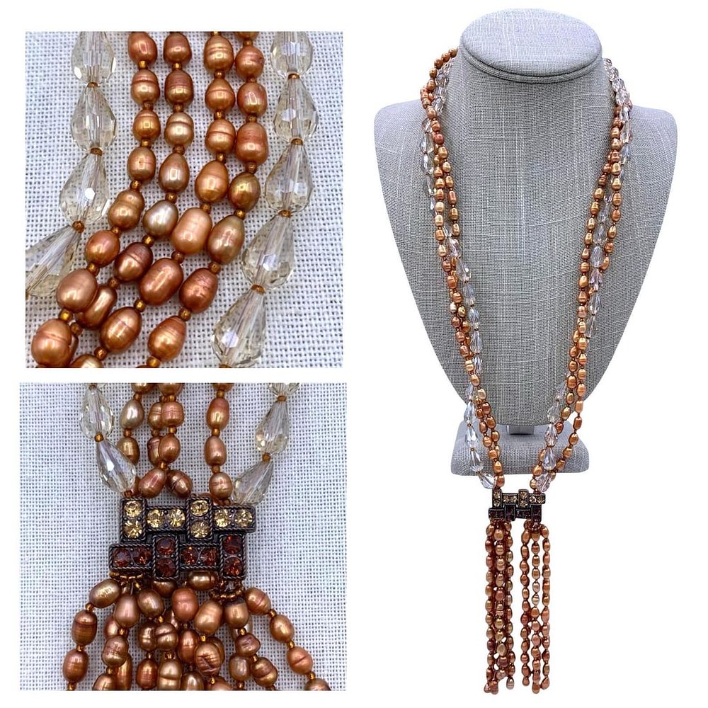 Lot 356: Dramatic Cinnamon Spice Baroque Freshwater Pearl Faceted Crystal Tasseled Statement Necklace