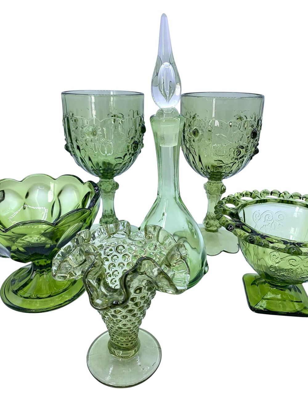Lot 358: 7 pc Mid Century Lime Green Bischoff, Anchor Hocking, Fenton, Indiana Avocado Green Glass