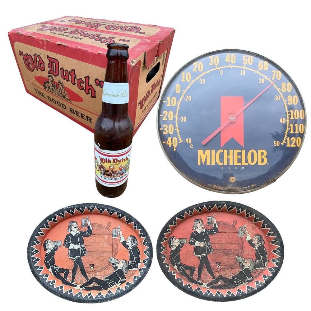 Lot 360: Vintage Michelob Beer Thermometer, 24 Old Dutch Beer Bottles in Crate and 2 Early Tavern Bar Trays